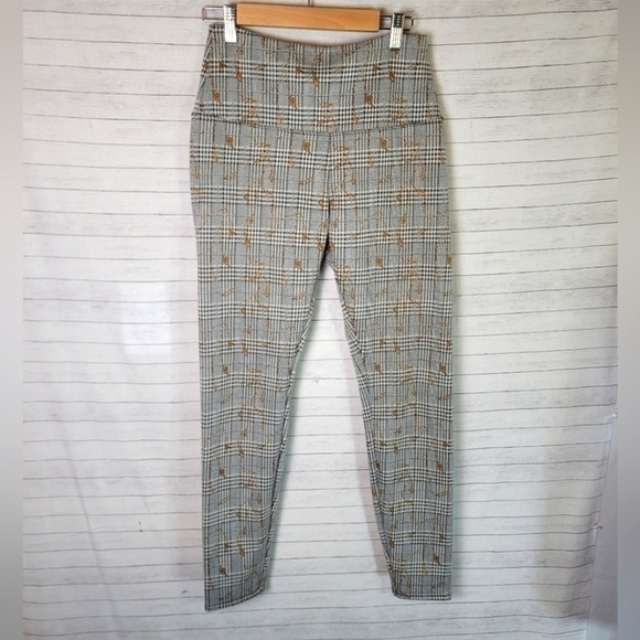 LYSSE PLAID LEGGINGS W GOLD LEAF PRINT DESIGN, SZ SMALL - Picture 1 of 12